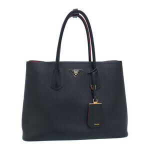 Prada Double Tote Bag black Saffiano leather top handles red